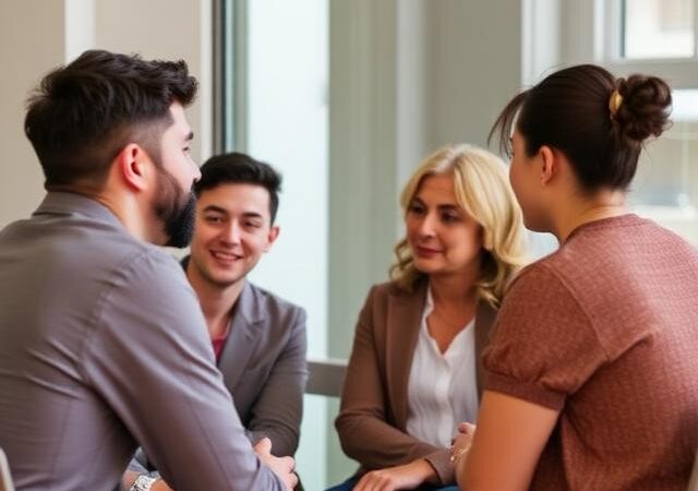 Four adults sitting in a circle having a group discussion in a bright office setting