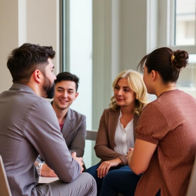 Four adults sitting in a circle having a group discussion in a bright office setting
