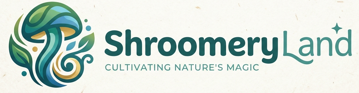 ShroomeryLand logo with stylized mushroom in green and gold tones, tagline "Cultivating Nature's Magic